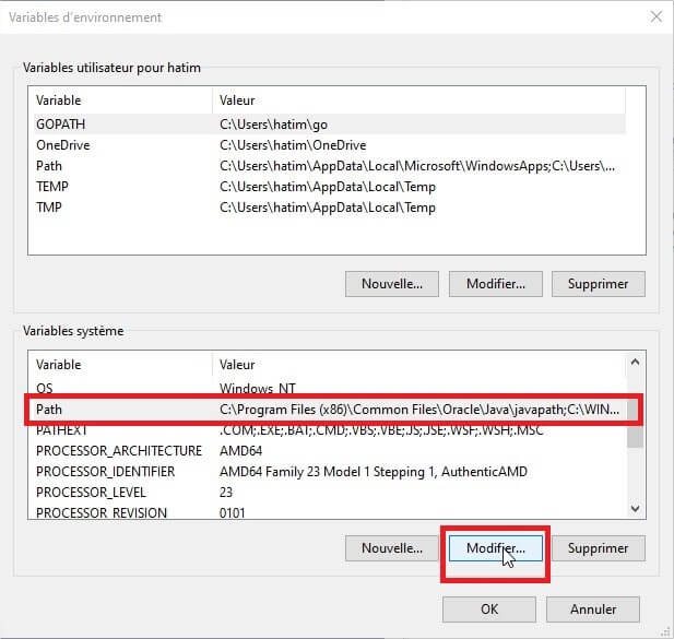 Modification de la variable d'environnement 'PATH'