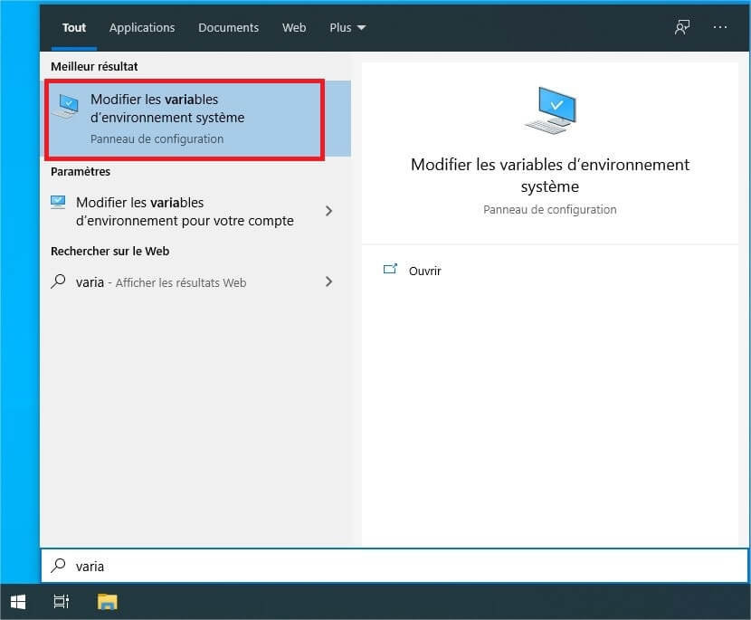 Selection de l'outil modification des variables d'environnement sur le menu démarrer Windows