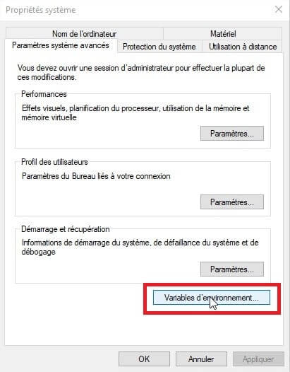 Selection du bouton 'Variables d'environnement' sur l'outil modification des variables d'environnement Windows