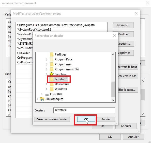 Ajout de l'exécutable Terraform dans la variable d'environnement 'PATH'