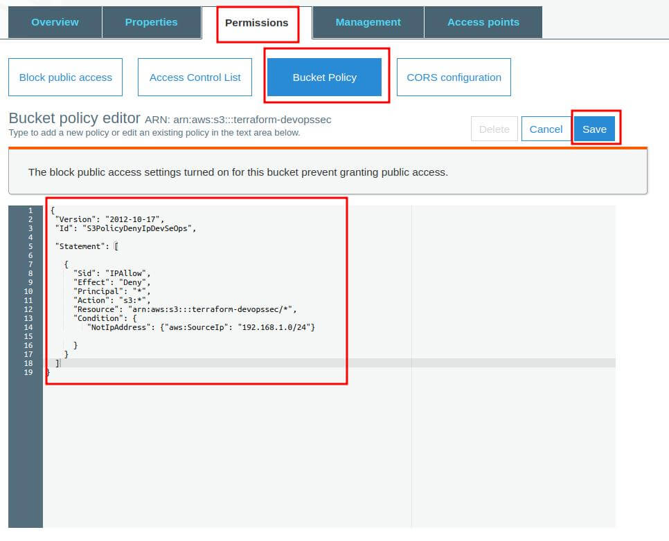 création d'une bucket policy pour refuser une ip source